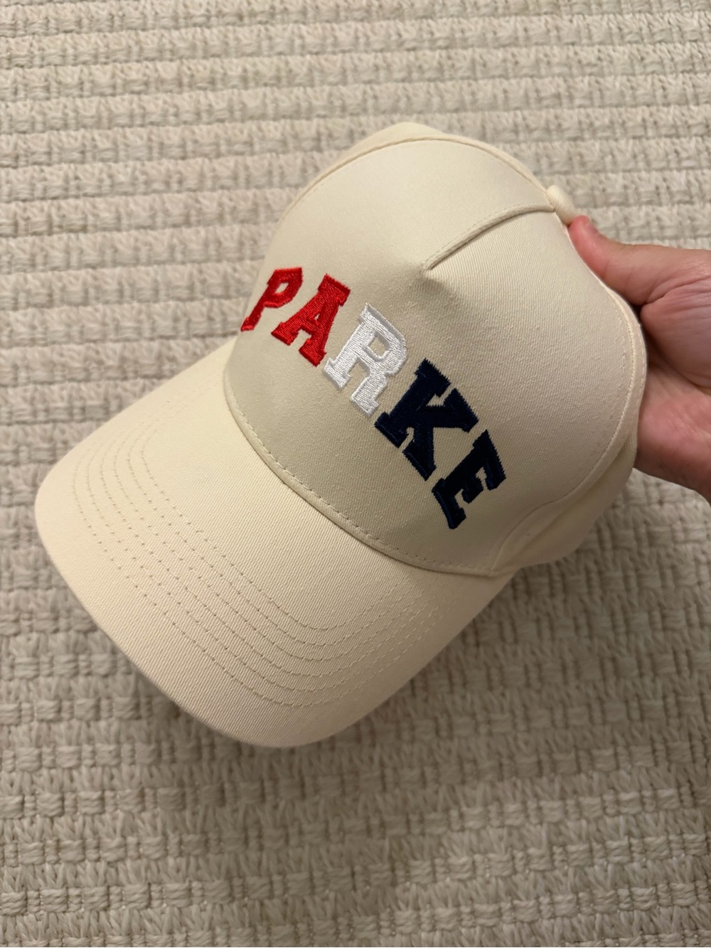 PARKE - never worn Cream Baseball Cap with Red, White & Blue Lettering - Picture 3 of 4